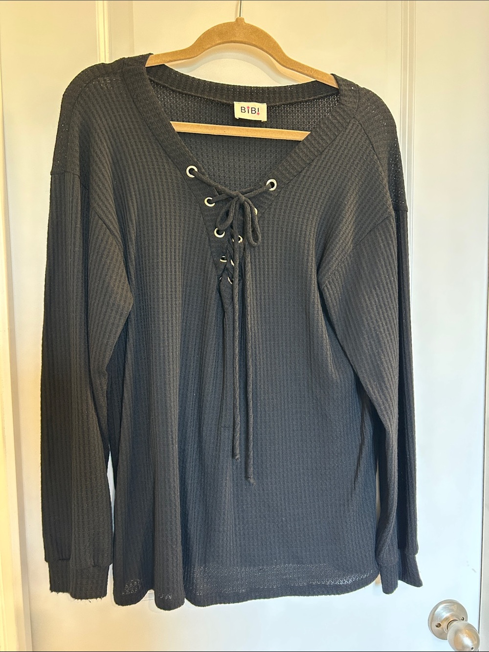 BiBi Black Lace-Up Waffle Knit Long Sleeve Top